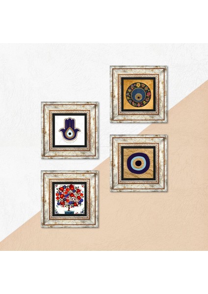Stone Fatma Ana Eli (Hamsa), Nazar, Nar Ağacı Çerçeveli Taş Duvar Tablosu 4’lü Set - Dekoratif Modern Sanat, Ev ve Ofis Dekoru |TK4-1809| indirimleri