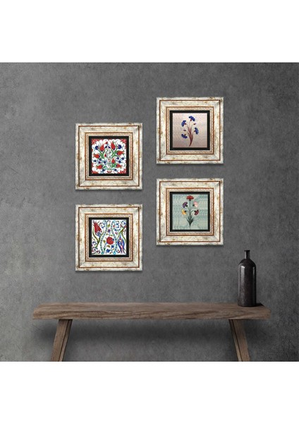 Ebru Sanatı, Lale Taş Duvar Tablosu Çerçeveli Duvar Dekoru 4 Parça Tablo Seti Wall Art T4-703