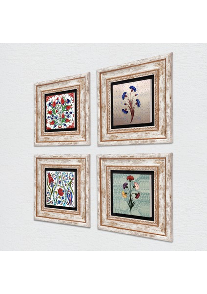 Ebru Sanatı, Lale Taş Duvar Tablosu Çerçeveli Duvar Dekoru 4 Parça Tablo Seti Wall Art T4-703