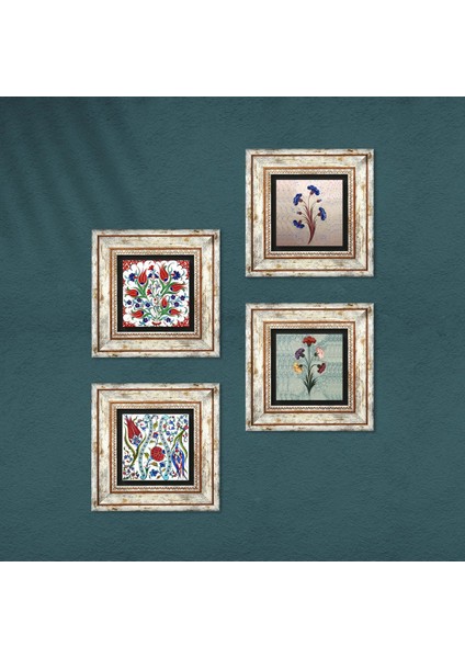 Ebru Sanatı, Lale Taş Duvar Tablosu Çerçeveli Duvar Dekoru 4 Parça Tablo Seti Wall Art T4-703