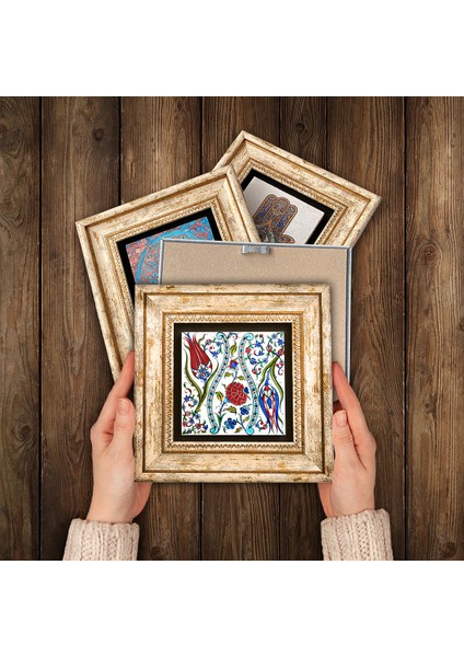 Ebru Sanatı, Lale Taş Duvar Tablosu Çerçeveli Duvar Dekoru 4 Parça Tablo Seti Wall Art T4-703