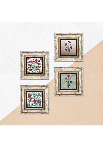 Ebru Sanatı, Lale Taş Duvar Tablosu Çerçeveli Duvar Dekoru 4 Parça Tablo Seti Wall Art T4-703