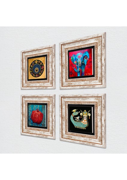 Fil, Nazar, Şahmeran, Nar Çerçeveli Taş Duvar Tablosu 4’lü Set - Dekoratif Modern Sanat, Ev ve Ofis Dekoru |TK4-858| fiyatları