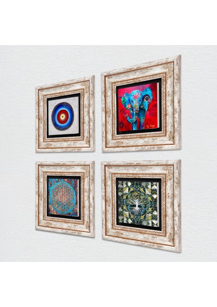 Nazar, Hayat Ağacı, Fil, Yaşam Çiçeği Taş Duvar Tablosu Çerçeveli Duvar Dekoru 4 Parça Tablo Seti Wall Art T4-892 fiyatları