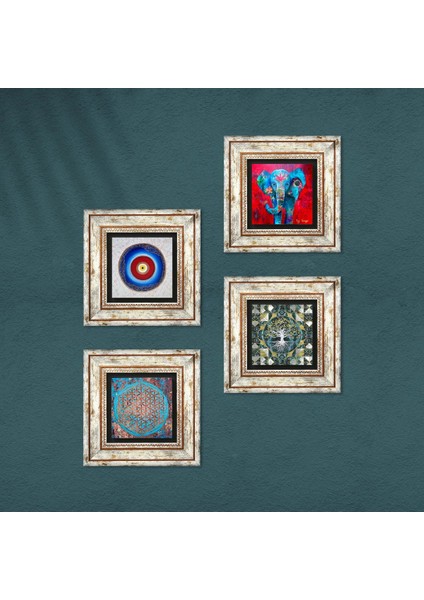 Nazar, Hayat Ağacı, Fil, Yaşam Çiçeği Taş Duvar Tablosu Çerçeveli Duvar Dekoru 4 Parça Tablo Seti Wall Art T4-892 fırsatları