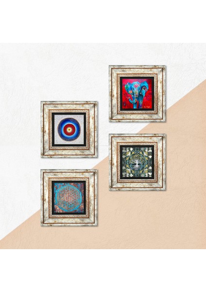 Nazar, Hayat Ağacı, Fil, Yaşam Çiçeği Taş Duvar Tablosu Çerçeveli Duvar Dekoru 4 Parça Tablo Seti Wall Art T4-892 indirimleri