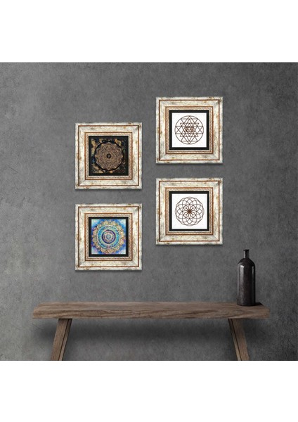 Mandala, Yaşam Çiçeği, Sri Yantra Taş Duvar Tablosu Çerçeveli Duvar Dekoru 4 Parça Tablo Seti Wall Art T4-714