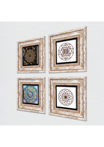 Mandala, Yaşam Çiçeği, Sri Yantra Taş Duvar Tablosu Çerçeveli Duvar Dekoru 4 Parça Tablo Seti Wall Art T4-714