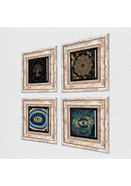 Nazar, Sri Yantra, Hayat Ağacı Taş Duvar Tablosu Çerçeveli Duvar Dekoru 4 Parça Tablo Seti Wall Art T4-725