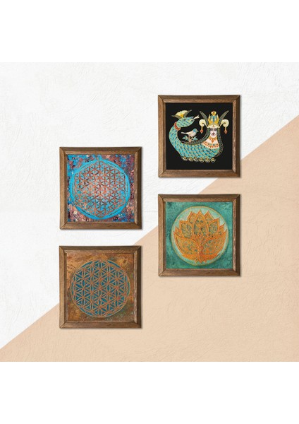 Yaşam Çiçeği, Lotus Çiçeği, Şahmeran Ahşap Çerçeveli Taş Duvar Tablosu 4’lü Set – 25x25 cm Dekoratif Modern Sanat – Ev ve Ofis Dekoru |W4-477| indirimleri