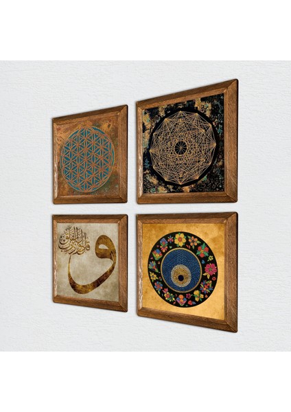 Yaşam Çiçeği, Sri Yantra, Vav, Nazar Ahşap Çerçeveli Taş Duvar Tablosu 4’lü Set – 25x25 cm Dekoratif Modern Sanat – Ev ve Ofis Dekoru |W4-546| fiyatları