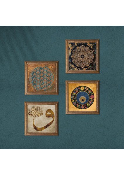 Yaşam Çiçeği, Sri Yantra, Vav, Nazar Ahşap Çerçeveli Taş Duvar Tablosu 4’lü Set – 25x25 cm Dekoratif Modern Sanat – Ev ve Ofis Dekoru |W4-546| modelleri