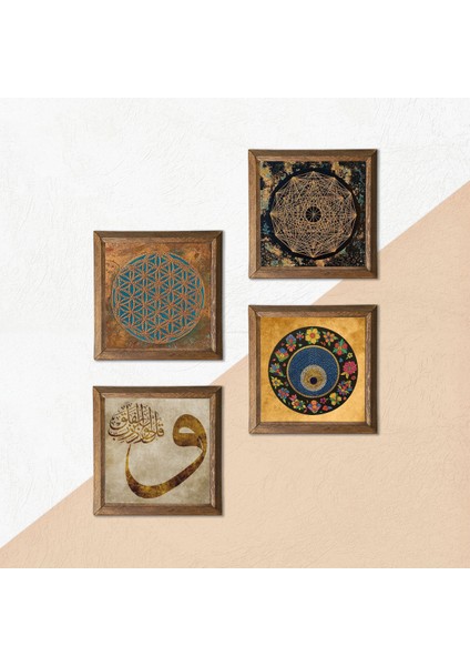 Yaşam Çiçeği, Sri Yantra, Vav, Nazar Ahşap Çerçeveli Taş Duvar Tablosu 4’lü Set – 25x25 cm Dekoratif Modern Sanat – Ev ve Ofis Dekoru |W4-546| indirimleri