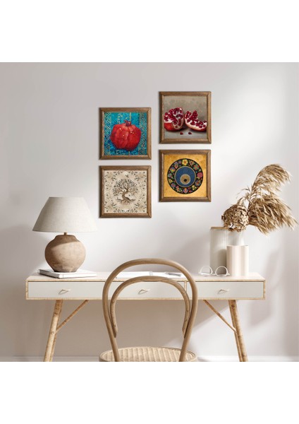 Nazar, Hayat Ağacı, Nar Taş Duvar Tablosu Ahşap Çerçeveli Duvar Dekoru 4 Parça Tablo Seti Wall Art W4-653