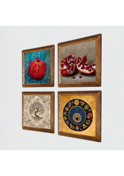 Nazar, Hayat Ağacı, Nar Taş Duvar Tablosu Ahşap Çerçeveli Duvar Dekoru 4 Parça Tablo Seti Wall Art W4-653 fiyatları