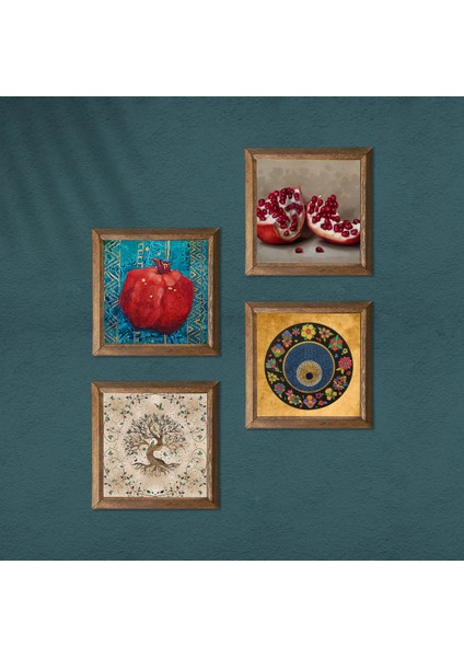 Nazar, Hayat Ağacı, Nar Taş Duvar Tablosu Ahşap Çerçeveli Duvar Dekoru 4 Parça Tablo Seti Wall Art W4-653 modelleri