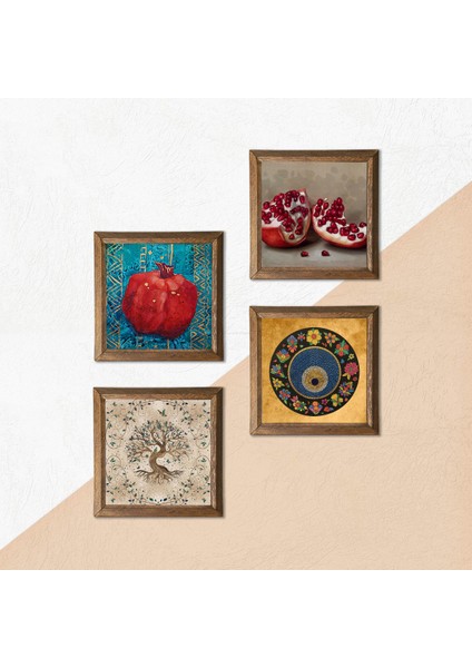 Nazar, Hayat Ağacı, Nar Taş Duvar Tablosu Ahşap Çerçeveli Duvar Dekoru 4 Parça Tablo Seti Wall Art W4-653 indirimleri