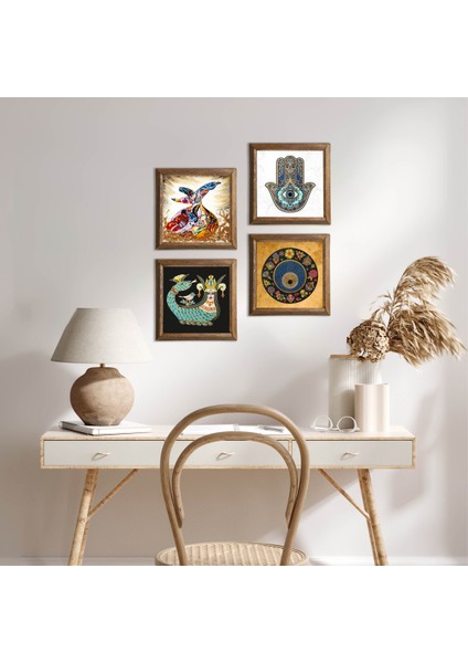 Nazar, Şahmeran, Semazen, Fatma Ana Eli (Hamsa) Taş Duvar Tablosu Ahşap Çerçeveli Duvar Dekoru 4 Parça Tablo Seti Wall Art W4-654
