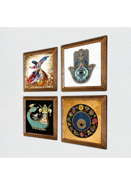 Nazar, Şahmeran, Semazen, Fatma Ana Eli (Hamsa) Taş Duvar Tablosu Ahşap Çerçeveli Duvar Dekoru 4 Parça Tablo Seti Wall Art W4-654