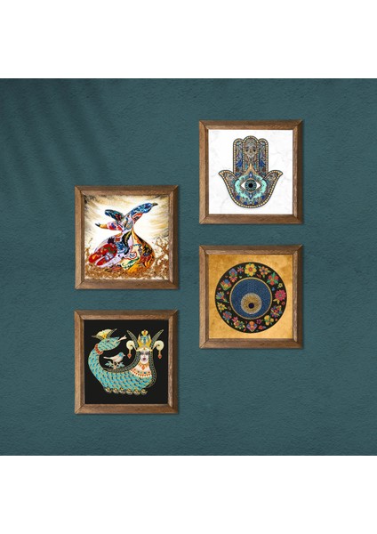 Nazar, Şahmeran, Semazen, Fatma Ana Eli (Hamsa) Taş Duvar Tablosu Ahşap Çerçeveli Duvar Dekoru 4 Parça Tablo Seti Wall Art W4-654