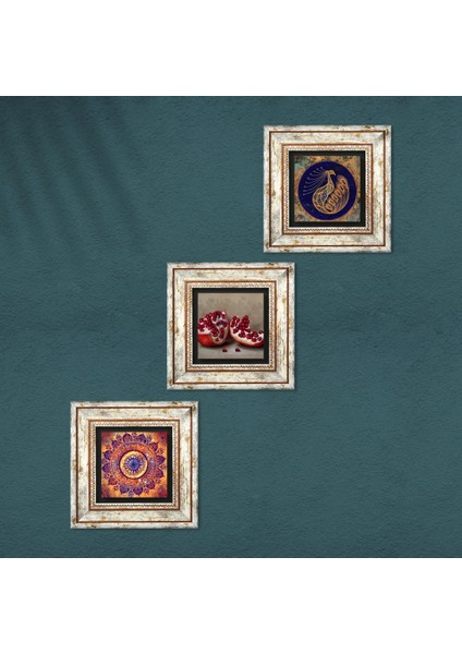 Mandala, Tavus Kuşu, Nar Taş Duvar Tablosu Çerçeveli Duvar Dekoru 3 Parça Tablo Seti Wall Art T3-1664