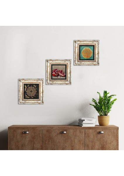 Sri Yantra, Lotus Çiçeği, Nar Taş Duvar Tablosu Çerçeveli Duvar Dekoru 3 Parça Tablo Seti Wall Art T3-1669