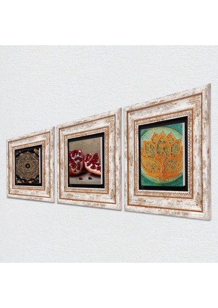 Sri Yantra, Lotus Çiçeği, Nar Taş Duvar Tablosu Çerçeveli Duvar Dekoru 3 Parça Tablo Seti Wall Art T3-1669