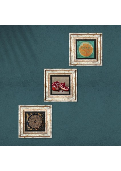Sri Yantra, Lotus Çiçeği, Nar Taş Duvar Tablosu Çerçeveli Duvar Dekoru 3 Parça Tablo Seti Wall Art T3-1669