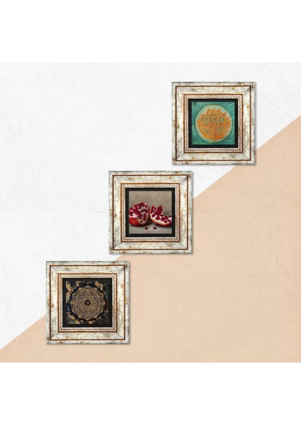 Sri Yantra, Lotus Çiçeği, Nar Taş Duvar Tablosu Çerçeveli Duvar Dekoru 3 Parça Tablo Seti Wall Art T3-1669