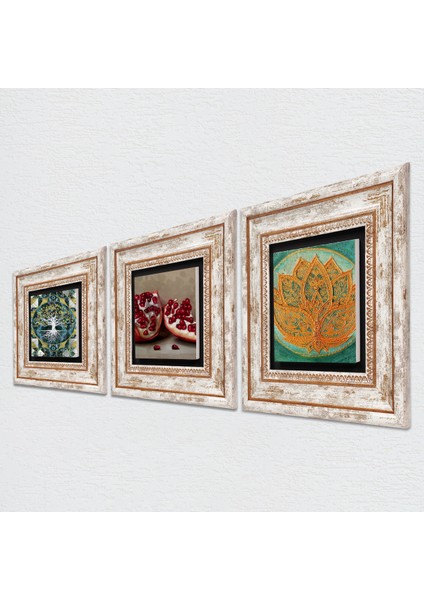 Stone Hayat Ağacı, Lotus Çiçeği, Nar Çerçeveli Taş Duvar Tablosu 3’lü Set - Dekoratif Modern Sanat, Ev ve Ofis Dekoru |TK3-1673| fiyatları