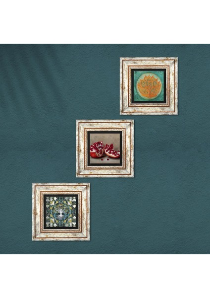 Stone Hayat Ağacı, Lotus Çiçeği, Nar Çerçeveli Taş Duvar Tablosu 3’lü Set - Dekoratif Modern Sanat, Ev ve Ofis Dekoru |TK3-1673| fırsatları
