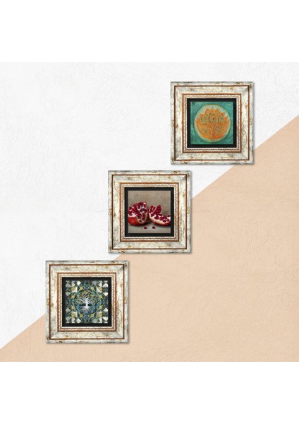Stone Hayat Ağacı, Lotus Çiçeği, Nar Çerçeveli Taş Duvar Tablosu 3’lü Set - Dekoratif Modern Sanat, Ev ve Ofis Dekoru |TK3-1673| indirimleri