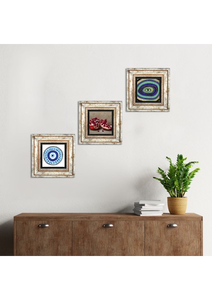 Nazar, Nar Taş Duvar Tablosu Çerçeveli Duvar Dekoru 3 Parça Tablo Seti Wall Art T3-1678