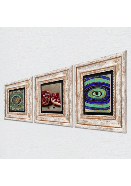 Mandala, Nazar, Nar Taş Duvar Tablosu Çerçeveli Duvar Dekoru 3 Parça Tablo Seti Wall Art T3-1675 fiyatları
