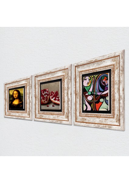 Picasso Ayna Karşısındaki Kız, Da Vinci Mona Lisa, Nar Çerçeveli Taş Duvar Tablosu 3’lü Set - Dekoratif Modern Sanat, Ev ve Ofis Dekoru |TK3-1454| fiyatları