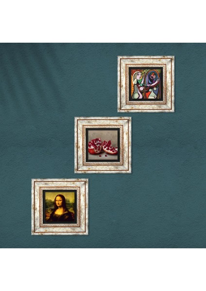 Picasso Ayna Karşısındaki Kız, Da Vinci Mona Lisa, Nar Çerçeveli Taş Duvar Tablosu 3’lü Set - Dekoratif Modern Sanat, Ev ve Ofis Dekoru |TK3-1454| fırsatları