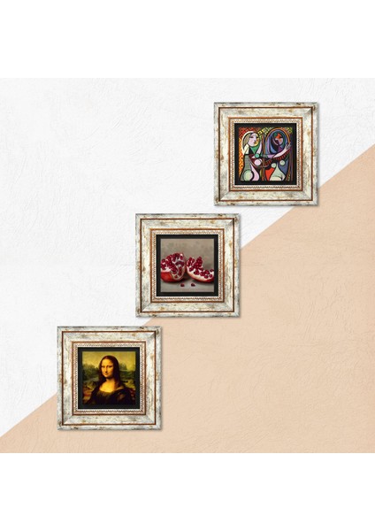 Picasso Ayna Karşısındaki Kız, Da Vinci Mona Lisa, Nar Çerçeveli Taş Duvar Tablosu 3’lü Set - Dekoratif Modern Sanat, Ev ve Ofis Dekoru |TK3-1454| indirimleri
