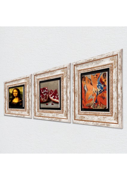 Picasso Avignonlu Kızlar, Leonardo da Vinci Mona Lisa, Nar Taş Duvar Tablosu Çerçeveli Duvar Dekoru 3 Parça Tablo Seti Wall Art T3-1455