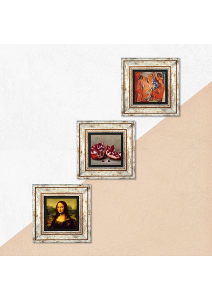 Picasso Avignonlu Kızlar, Leonardo da Vinci Mona Lisa, Nar Taş Duvar Tablosu Çerçeveli Duvar Dekoru 3 Parça Tablo Seti Wall Art T3-1455
