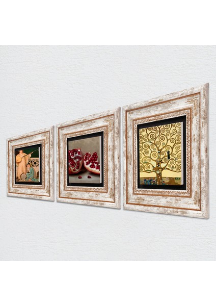 Gustav Klimt Hayat Ağacı, İki Müzisyen Kız Tablosu, Nar Taş Duvar Tablosu Çerçeveli Duvar Dekoru 3 Parça Tablo Seti Wall Art T3-1463