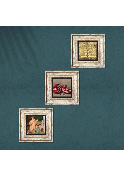 Gustav Klimt Hayat Ağacı, İki Müzisyen Kız Tablosu, Nar Taş Duvar Tablosu Çerçeveli Duvar Dekoru 3 Parça Tablo Seti Wall Art T3-1463