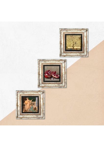 Gustav Klimt Hayat Ağacı, İki Müzisyen Kız Tablosu, Nar Taş Duvar Tablosu Çerçeveli Duvar Dekoru 3 Parça Tablo Seti Wall Art T3-1463