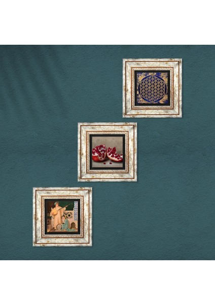 Yaşam Çiçeği, İki Müzisyen Kız Tablosu, Nar Taş Duvar Tablosu Çerçeveli Duvar Dekoru 3 Parça Tablo Seti Wall Art T3-1482