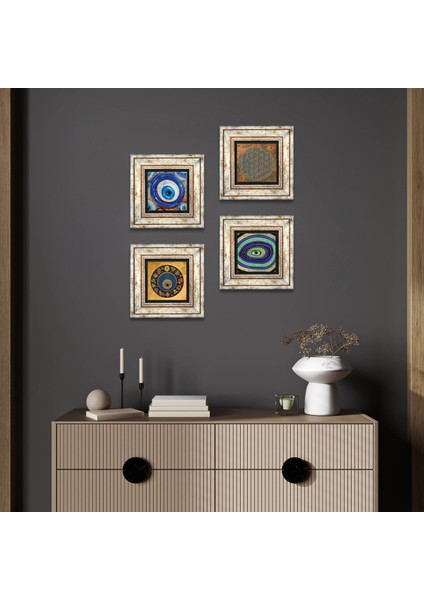 Yaşam Çiçeği, Nazar Taş Duvar Tablosu Çerçeveli Duvar Dekoru 4 Parça Tablo Seti Wall Art T4-1264