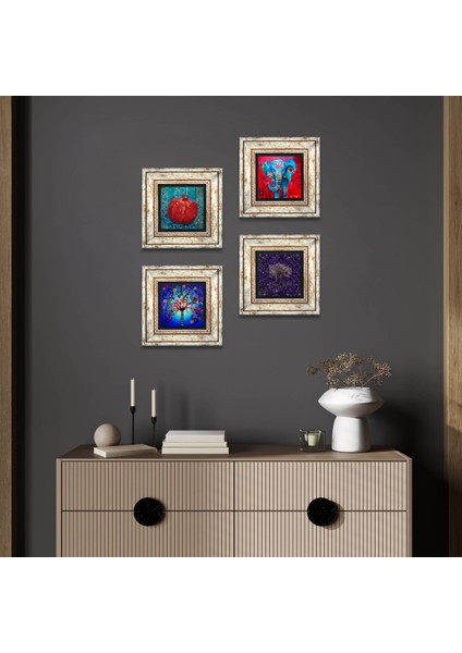 Fil, Hayat Ağacı, Nar Çerçeveli Taş Duvar Tablosu 4’lü Set - Dekoratif Modern Sanat, Ev ve Ofis Dekoru |TK4-1267|