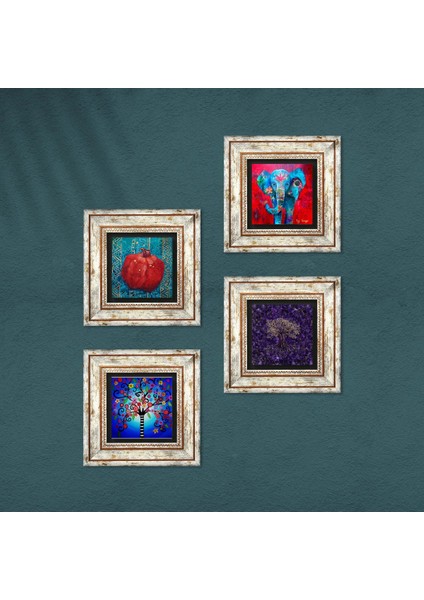 Fil, Hayat Ağacı, Nar Çerçeveli Taş Duvar Tablosu 4’lü Set - Dekoratif Modern Sanat, Ev ve Ofis Dekoru |TK4-1267| fırsatları