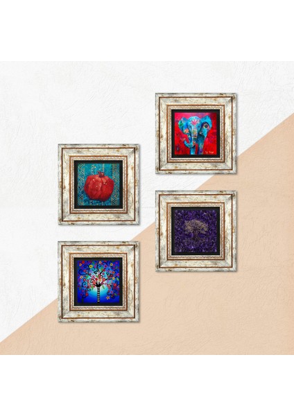 Fil, Hayat Ağacı, Nar Çerçeveli Taş Duvar Tablosu 4’lü Set - Dekoratif Modern Sanat, Ev ve Ofis Dekoru |TK4-1267| indirimleri