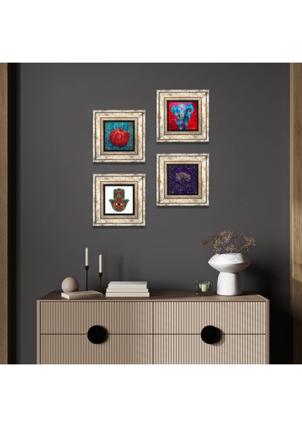 Hayat Ağacı, Fil, Fatma Ana Eli (Hamsa), Nar Çerçeveli Taş Duvar Tablosu 4’lü Set - Dekoratif Modern Sanat, Ev ve Ofis Dekoru |TK4-1273|