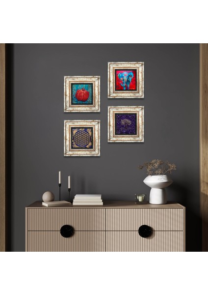 Hayat Ağacı, Fil, Yaşam Çiçeği, Nar Çerçeveli Taş Duvar Tablosu 4’lü Set - Dekoratif Modern Sanat, Ev ve Ofis Dekoru |TK4-1276|