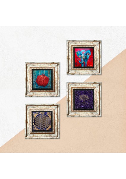 Hayat Ağacı, Fil, Yaşam Çiçeği, Nar Çerçeveli Taş Duvar Tablosu 4’lü Set - Dekoratif Modern Sanat, Ev ve Ofis Dekoru |TK4-1276| indirimleri